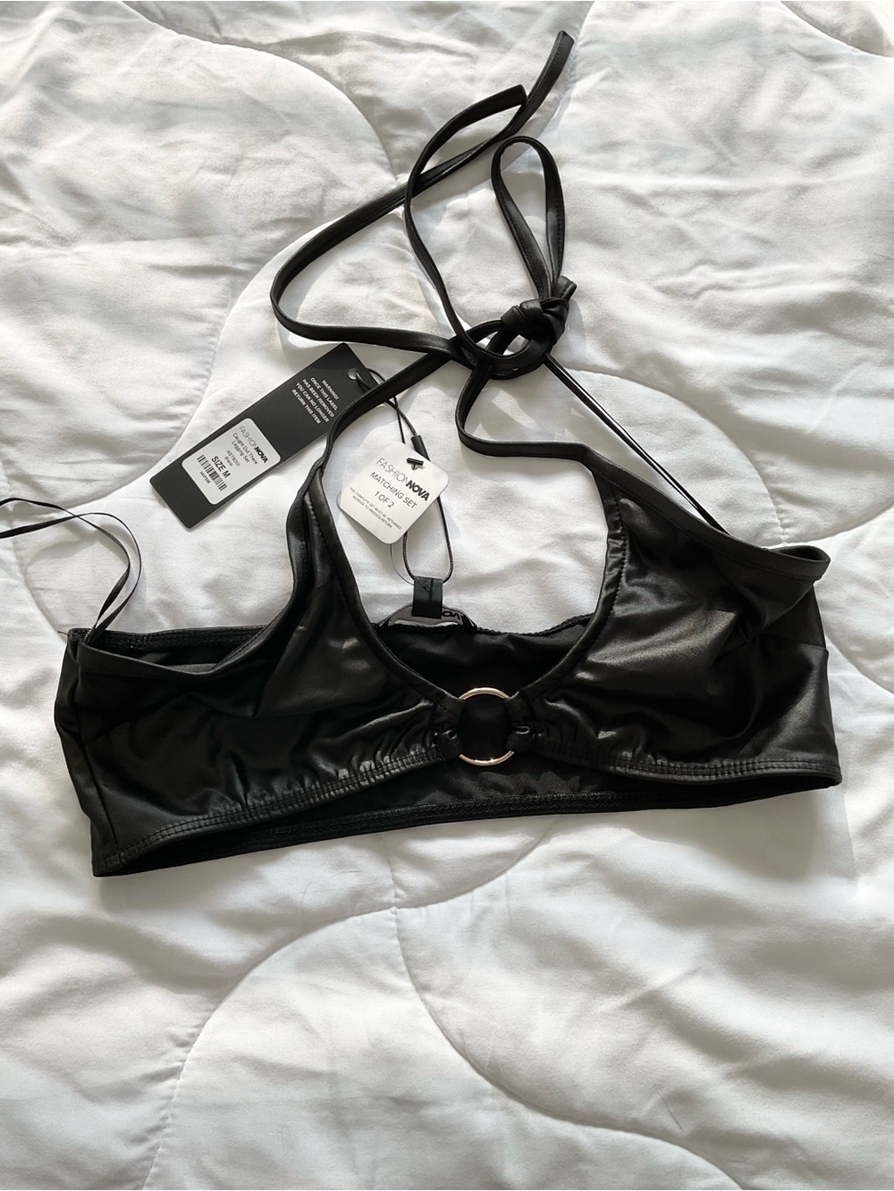 Fashion Nova Black Faux Leather Ring-Front Halter Bralette